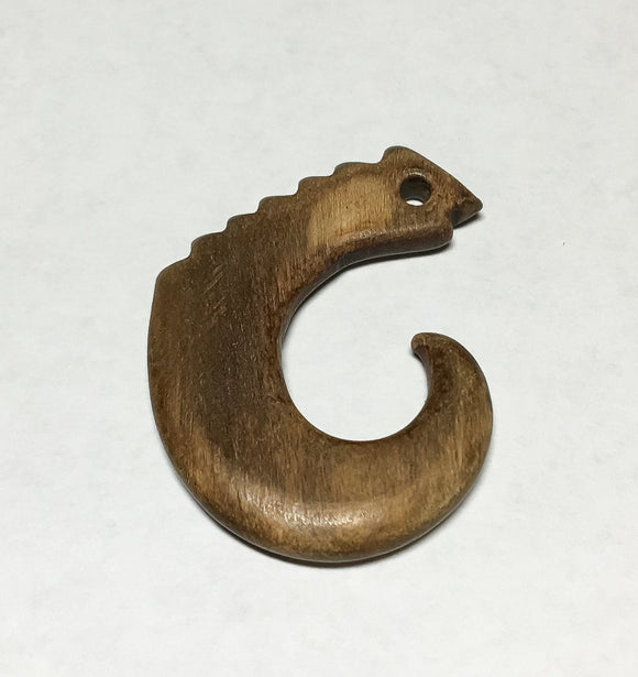 Fish Hook Pendant, Carved Horn, Horn Pendant, Burnt Horn Fish Hook 42mm