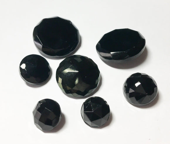Faceted black vintage glass button lot-7pc