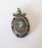 Gemstone Pendant, 925 Silver Gemstone Pendant, Vintage Turquoise Coral Lapiz Stone Pendant