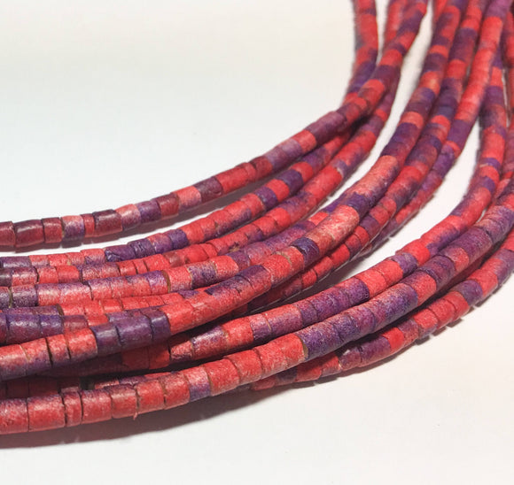 Coconut Heishi, Coco Heishi, Coconut Shell Tube Beads, Natural Wood Beads, Coconut Shell Heishi  3mm Tie-Dyed Rainbow Red/Purple 24