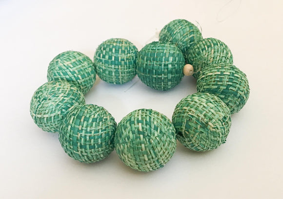 Round Wrapped Beads, Covered Beads, Large Hole Beads 20mm Green Raffia Beads-10pc