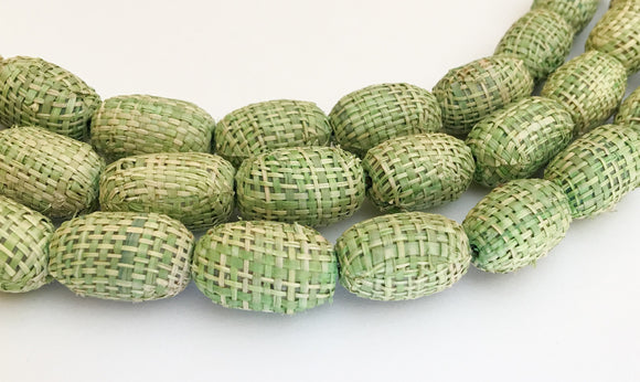 Oval Wrapped Beads, Covered Beads, Large Hole Beads Lime Green Raffia Beads 12x20mm-10pc