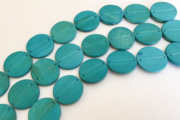 Wood disc, wood bead connector 30mm turquoise blue-10pc.