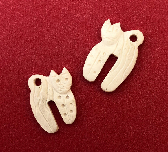 2 Carved bone charm pendant cat