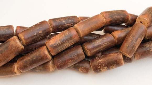 Wood Tube Beads, Mahogany Bark, Wood Barrel Beads 16" strand Dark