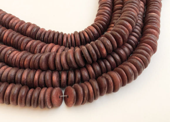 Dyed wood beads, brown 10mm rondelle wood beads, natural wood beads, 16