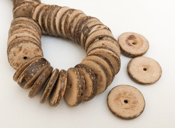 Natural Wood Disc, Coconut Shell 15mm Flat Disc, Coco Rondelle Pukalet, Large Wood Beads Tiger-30pc