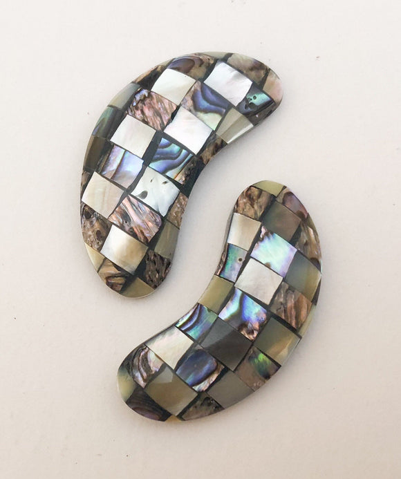 Inlaid Shell, Earring Component, Shell Mosaic, Mother of Pearl Abalone Shell Paua Cabochon Set of 2