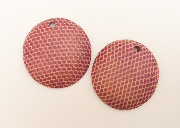 Unique Wood Pendant, Snakeskin Print Earring Component, 38mm Wood Disc Hoops Berry-2pc