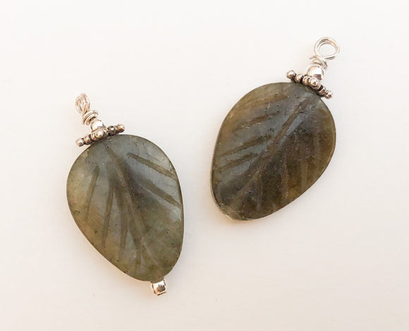Leaf Charm, Carved Stone Leaf, Leaf Dangle, Add On Charm, Sterling Silver Stone Leaf Labradorite