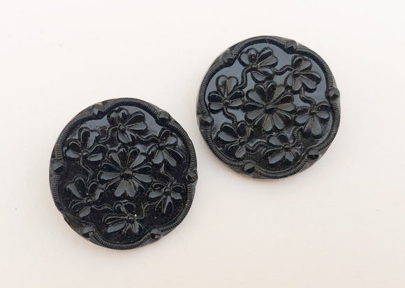 Fancy black vintage glass button lot-2pc