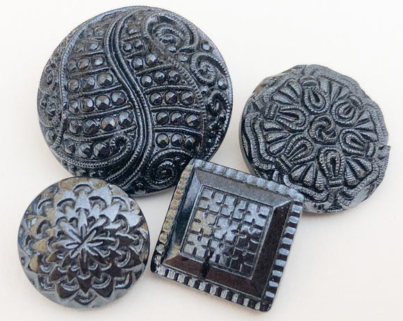 Fancy black vintage glass button lot-4pc