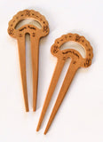Carved wood hair sticks fork Hambaba wood with burnt design. Set of 2