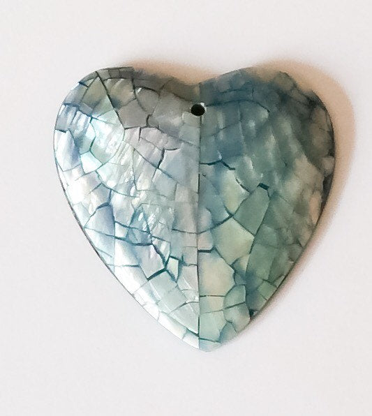 Inlaid shell pendant, abalone pendant, crackled shell pendant heart blue