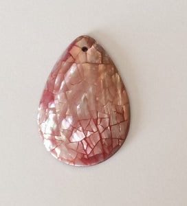 Inlaid shell pendant, crackled shell pendant, shell teardrop red