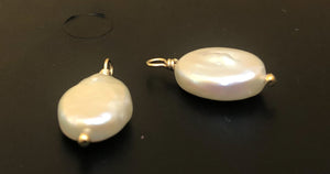 Pearl Dangle Charm Pendant Gold Filled White Flat Oval