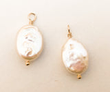 Pearl Dangle Charm Pendant Gold Filled White Flat Oval