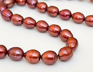 Natural Genuine Freshwater Pearl Beads, Burgundy Red Oval/Rice Pearls 7x9mm 16 Inch Strand