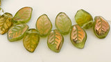 Czech Glass Leaves Curved Leaf 9x14mm Green/Gold-25pc